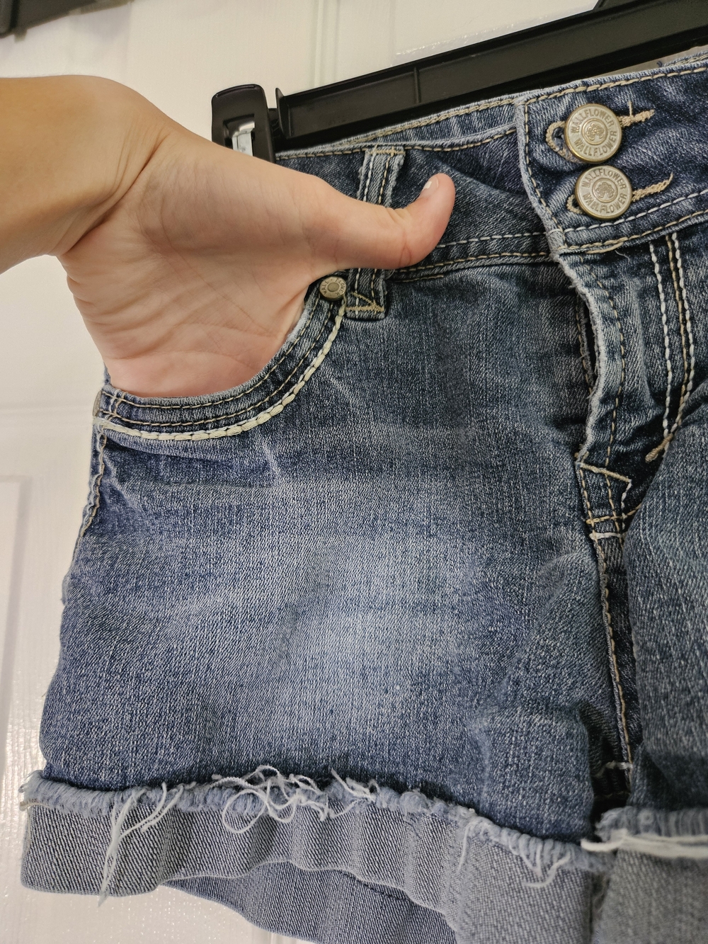 WallFlower Junior's Frayed Hem Jean Shorts - Blue - Picture 4 of 11